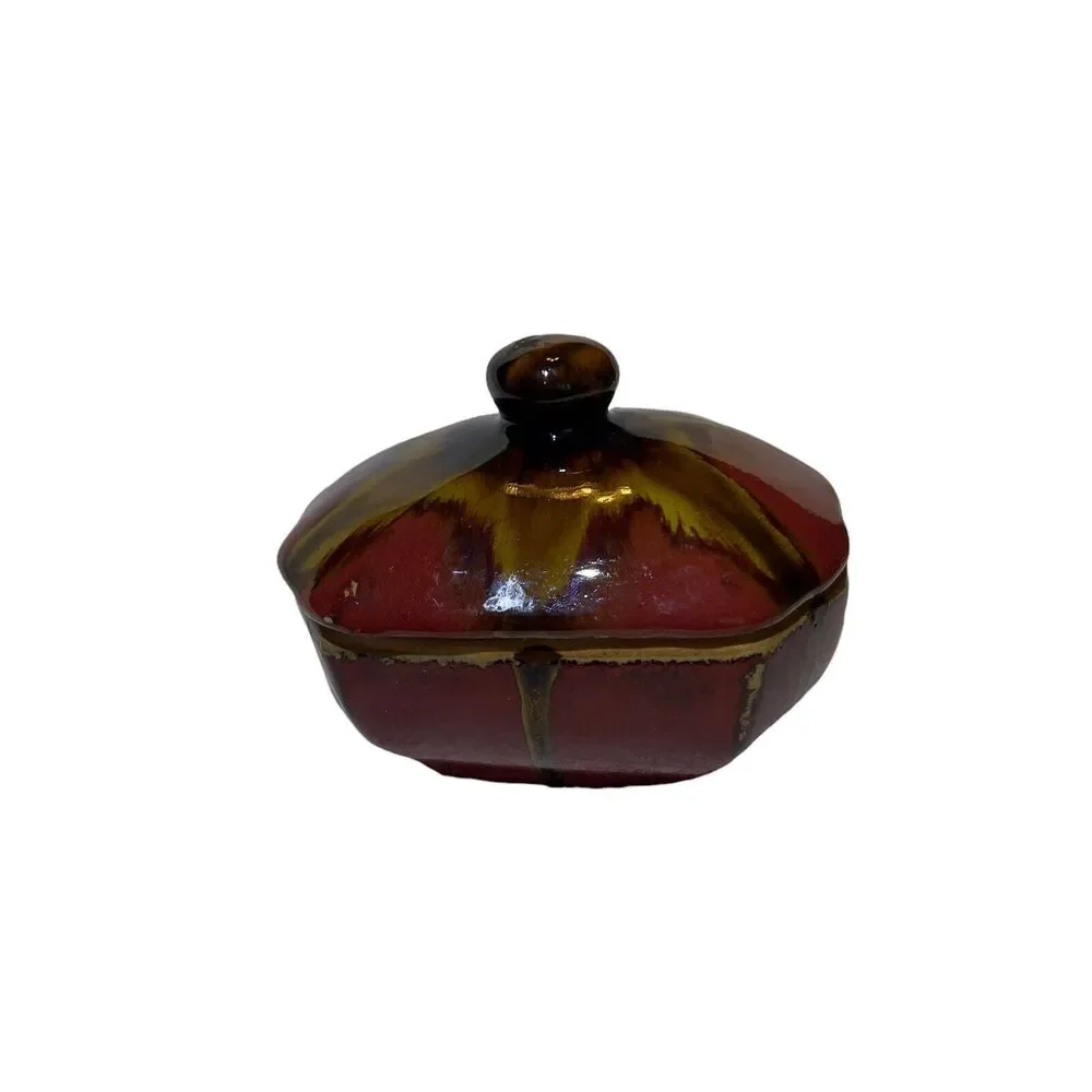 Drip Glazed Pottery Bowl Large 9.5x4 Brown Trinket Jewelry Holder Ribbed &‎ Lid